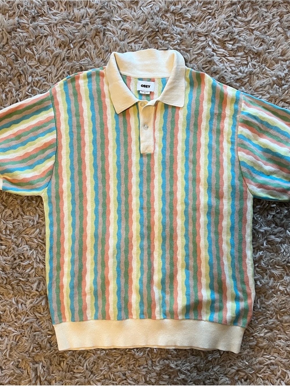 Obey Kids Collared Polo with Pastel Mint, Peach, Cream & Sky Blue Stripes